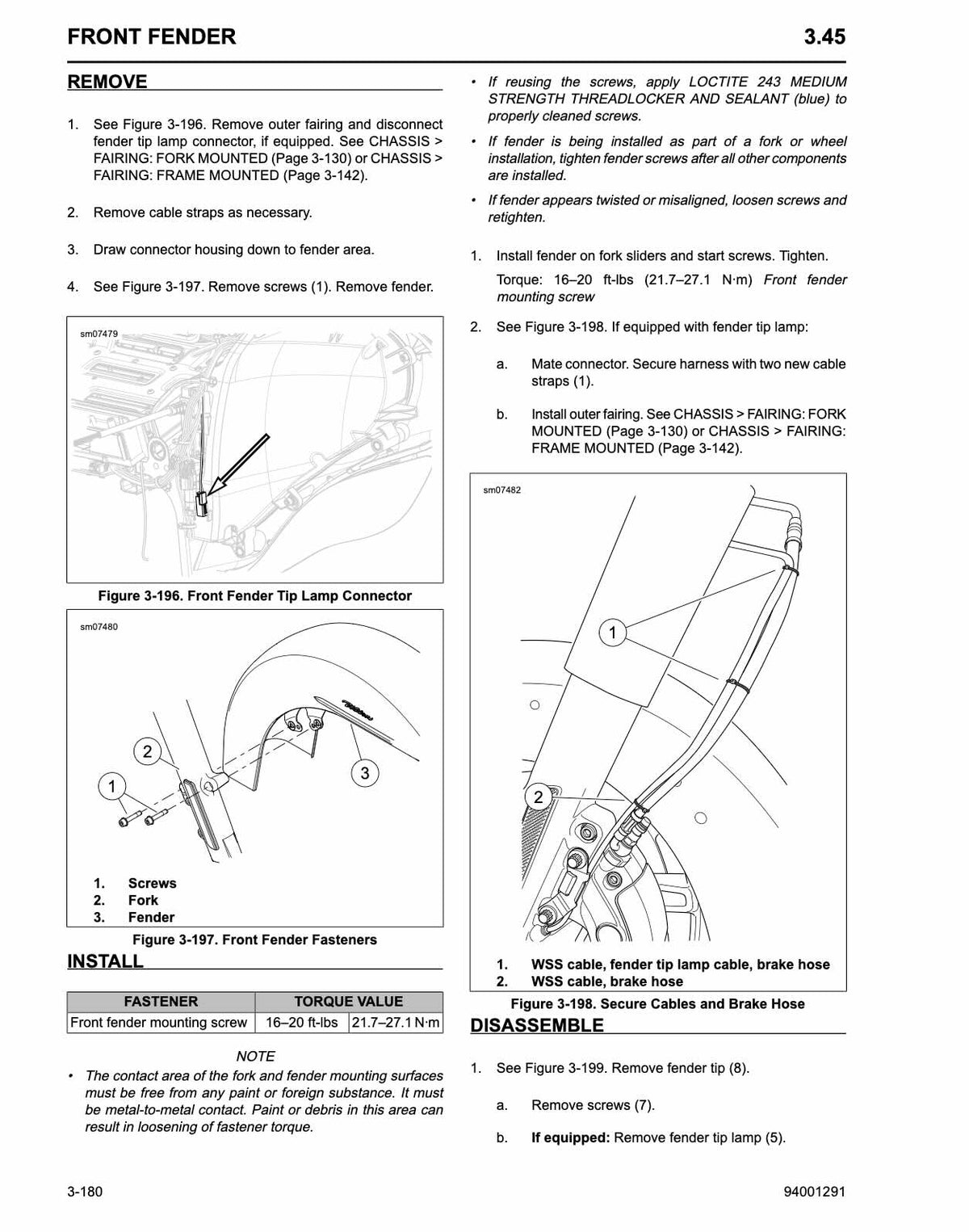 Harley-Davidson trike service manual front fender removal, installation and fastener procedures with mounting screw torque specifications and fender tip lamp connector routing diagrams