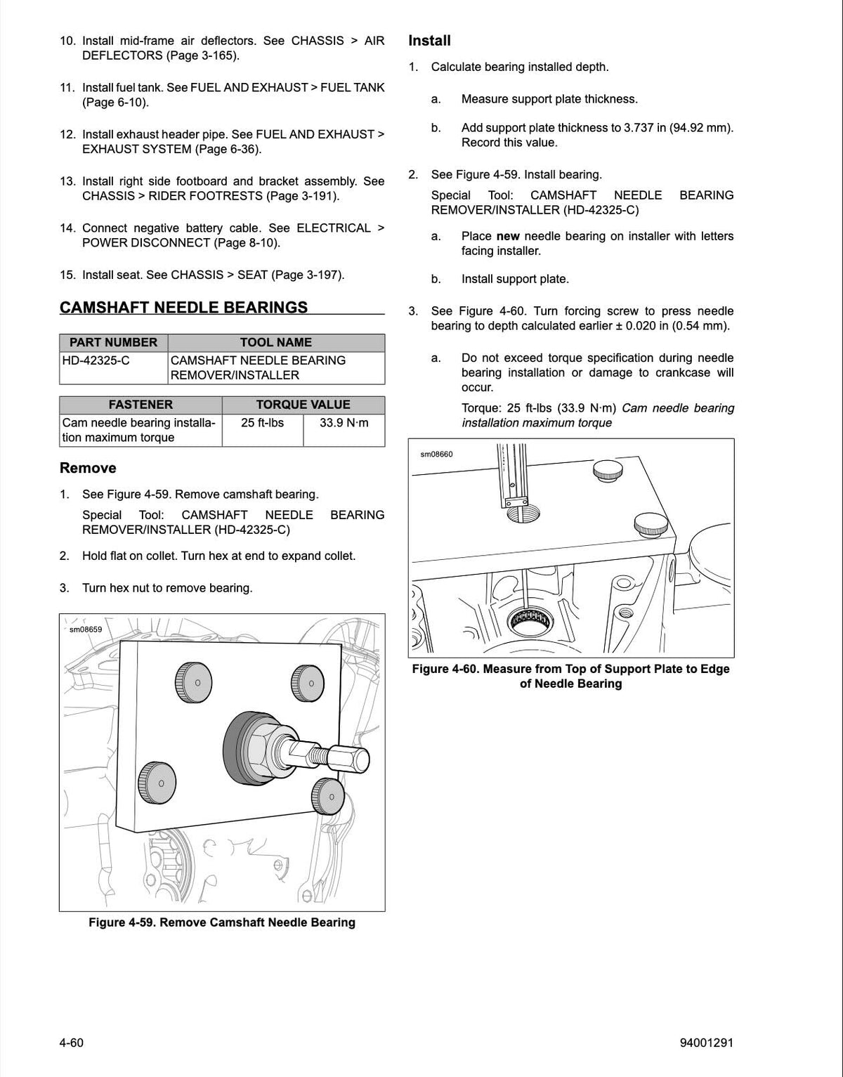 Harley-Davidson trike service manual camshaft needle bearing removal and installation procedures with special tool requirements, bearing depth measurement specifications and maximum installation torque guidelines