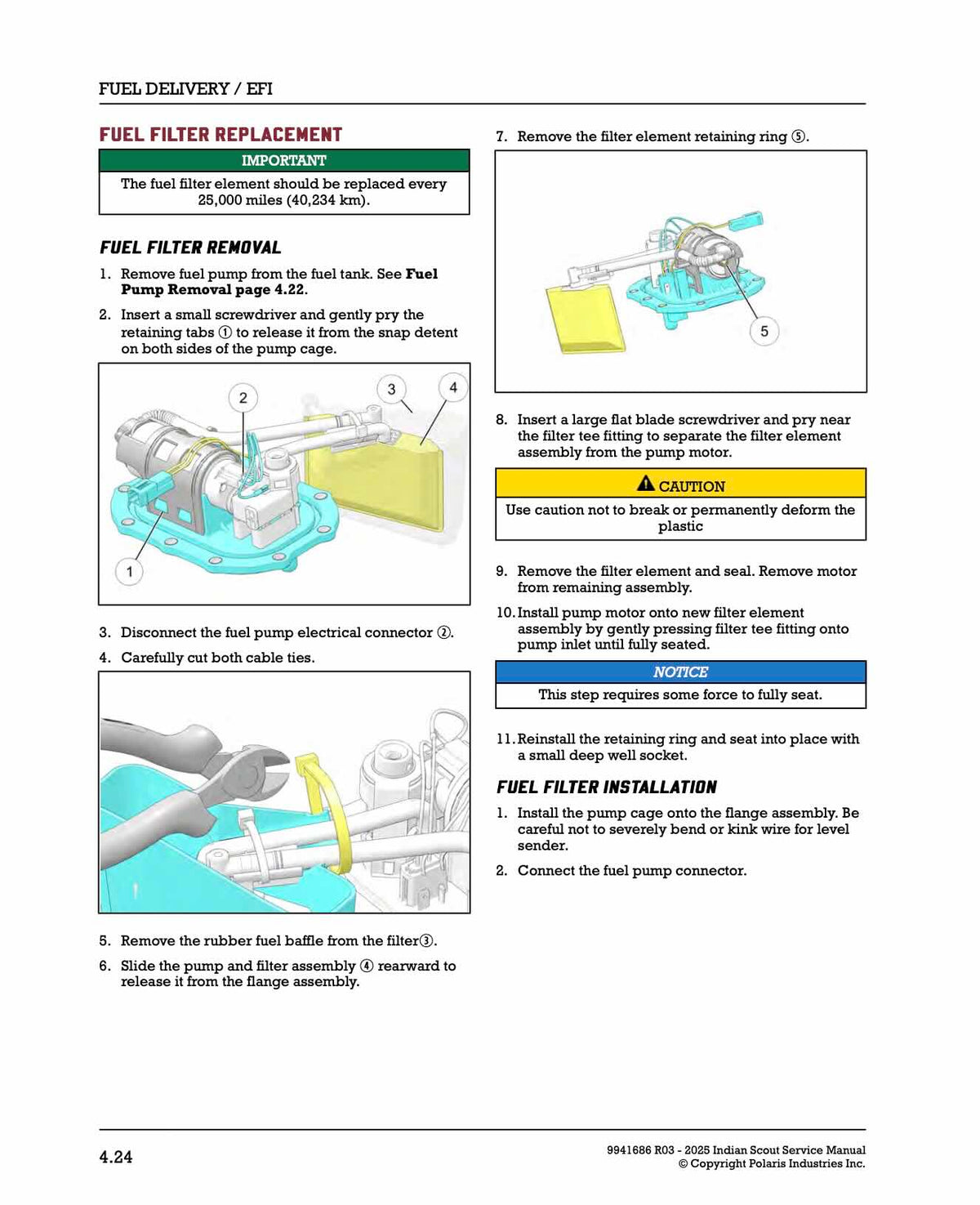 2025 Indian Scout Models service manual page 4.24 fuel filter element removal diagrams showing pump cage tabs and retaining ring