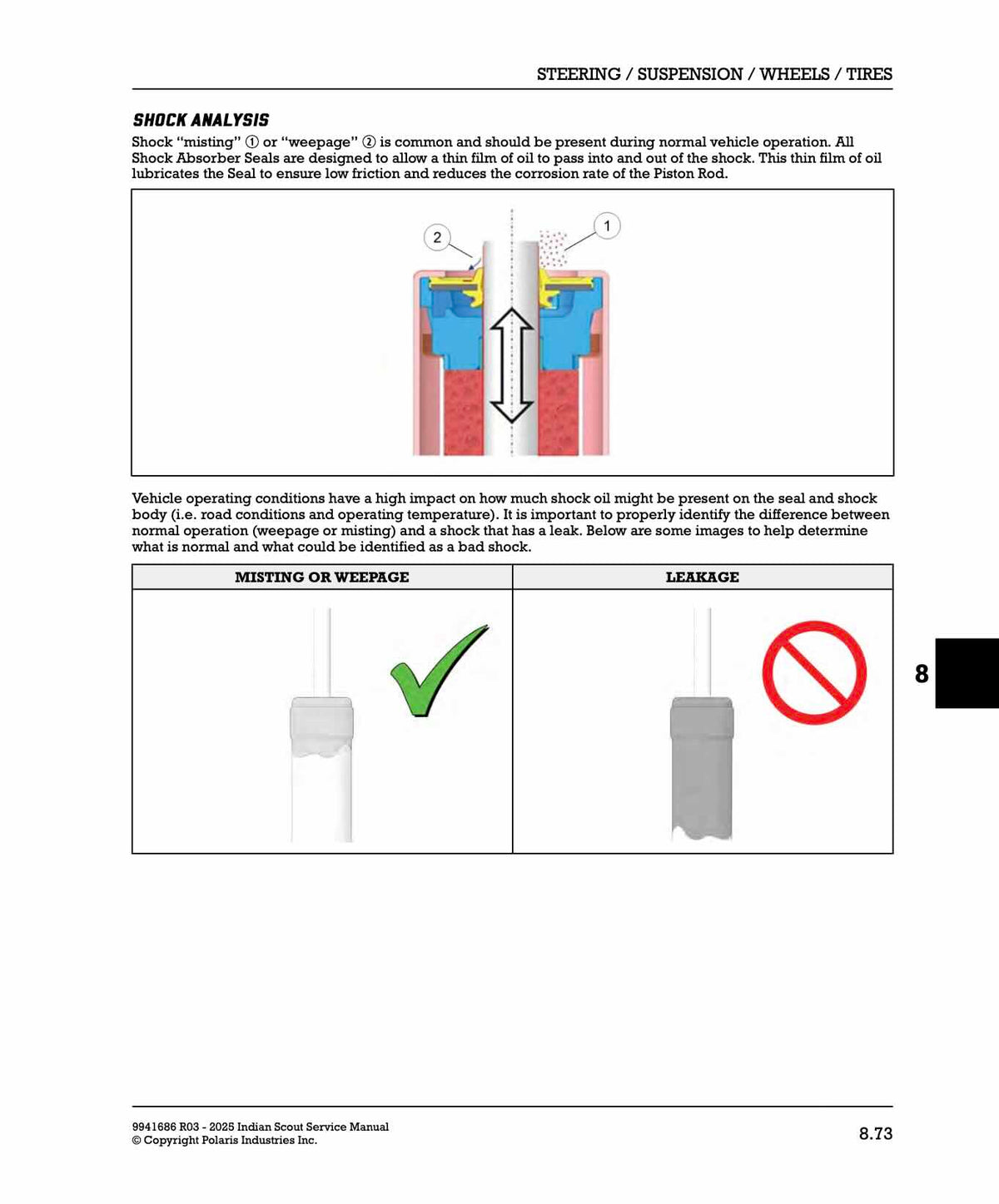 2025 Indian Scout Models service manual page 8.73 shock absorber misting versus leakage comparison diagrams