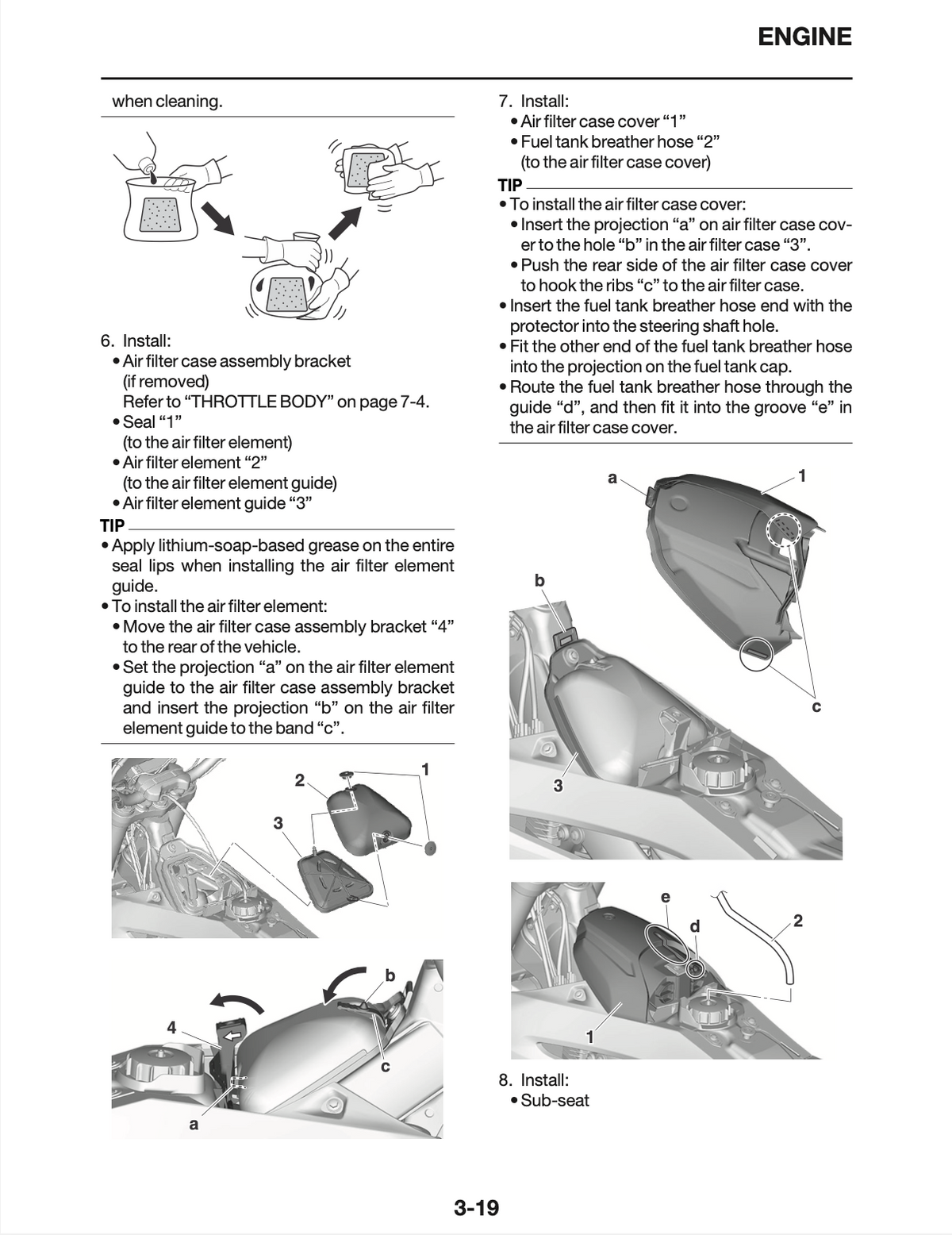 Instruction sheet showing how to install an air filter cover and air filter element for a vehicle engine, with numbered steps, diagrams, and part callouts.
