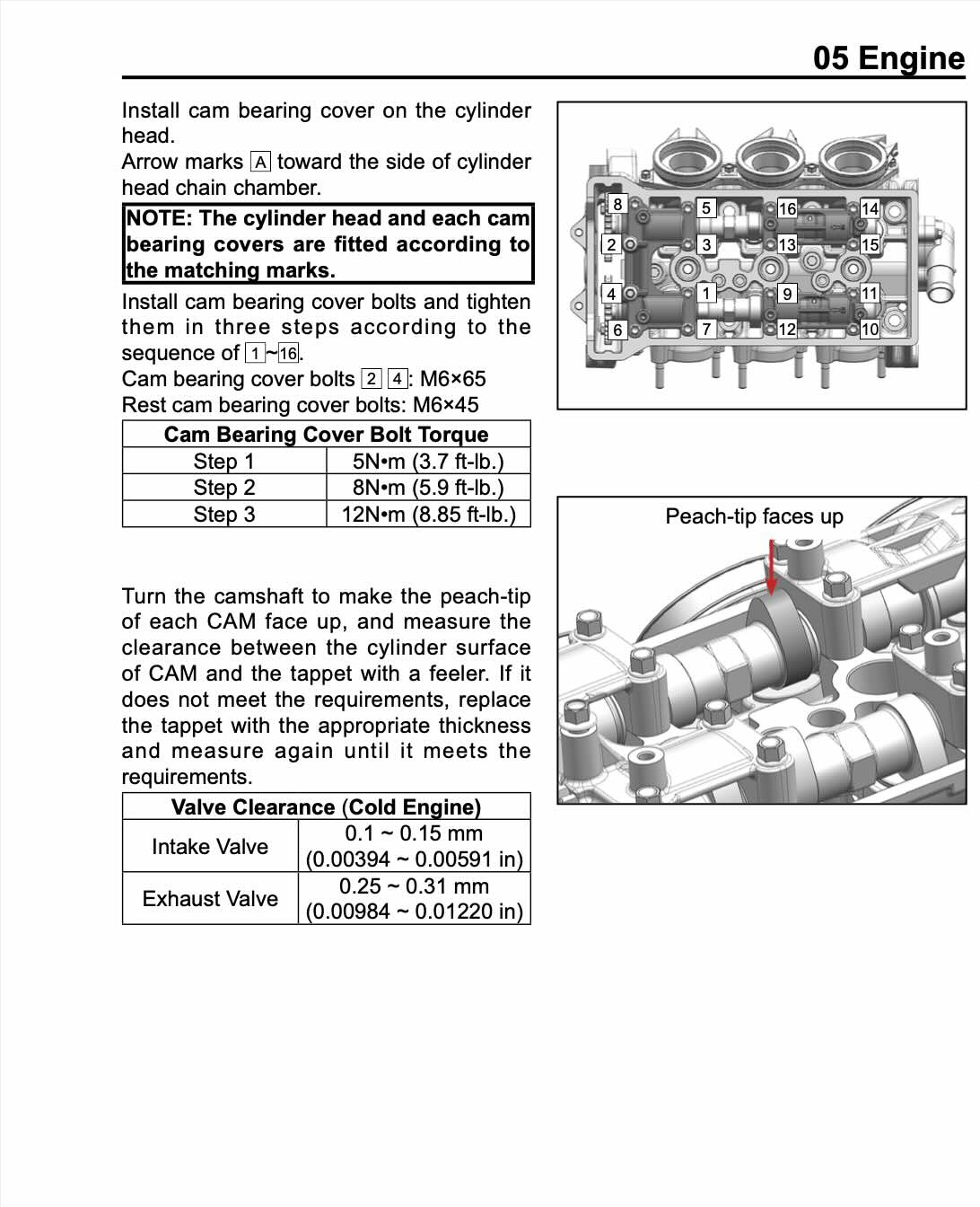 Instruction sheet for engine cam bearing covers, showing a cylinder head with installed covers, bolt torque steps, and a close-up of the camshaft cover with text about valve clearance.