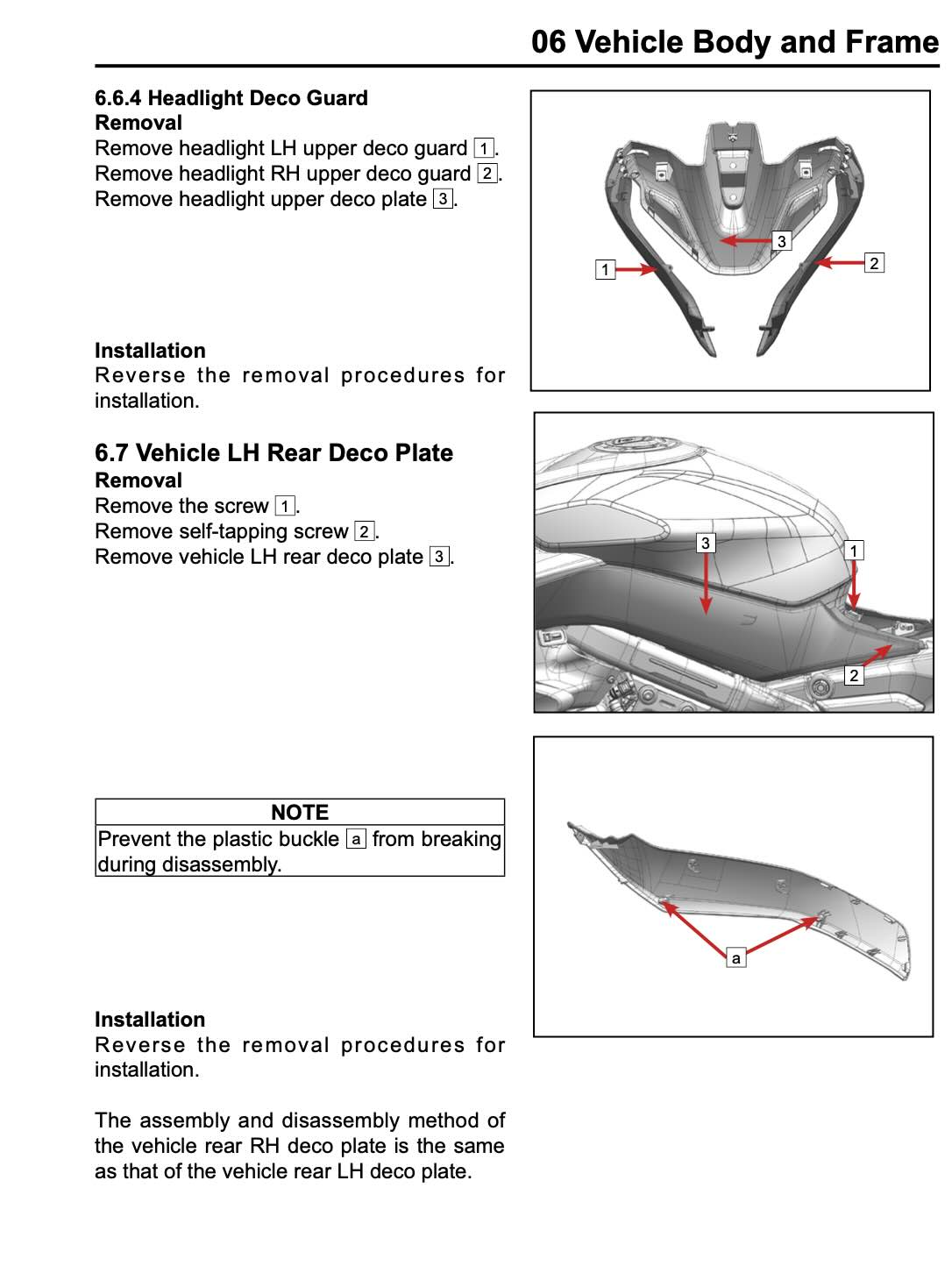 A black-and-white technical service manual page showing removal and installation procedures for vehicle body and frame decos, with labeled diagrams of parts and arrows indicating steps.