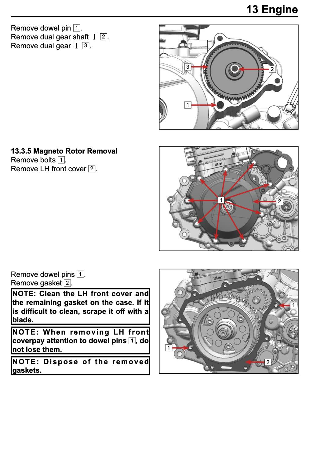 CFMOTO Papio SS service manual page with magneto rotor and LH front cover removal diagrams showing dual gear and dowel pins