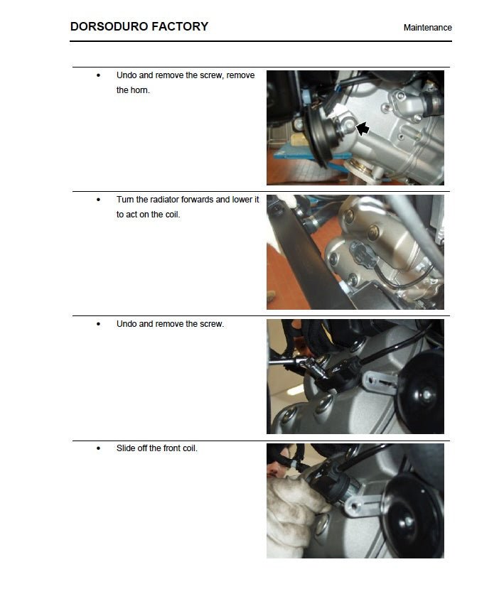 Maintenance instructions for a vehicle, showing steps with images of mechanical parts.