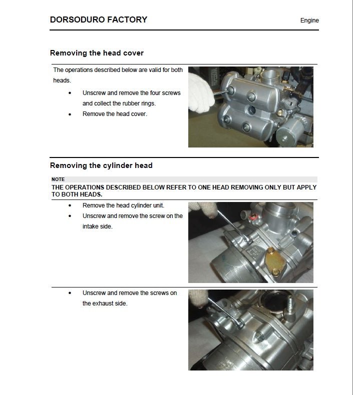 Technical manual page on removing head cover and cylinder head from a Dorsoduro Factory engine.