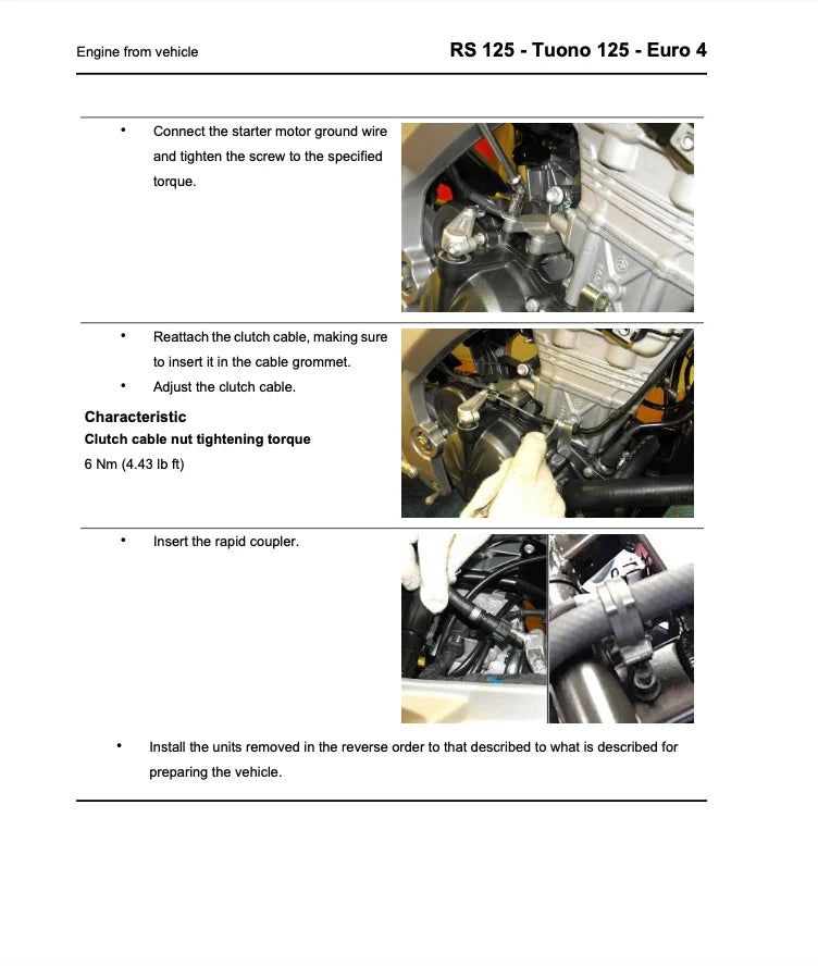 A technical instruction sheet page for a vehicle clutch cable, showing step-by-step connection and installation procedures alongside three photos of a mechanic's gloved hand working on a car's engine.