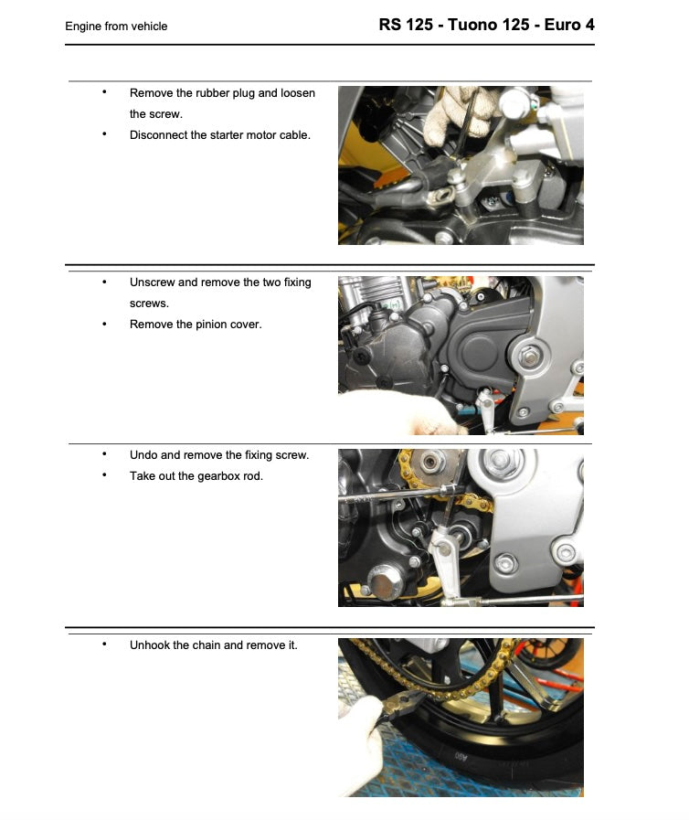 Step-by-step instructions for removing parts of a motorcycle engine, displayed on a white background.