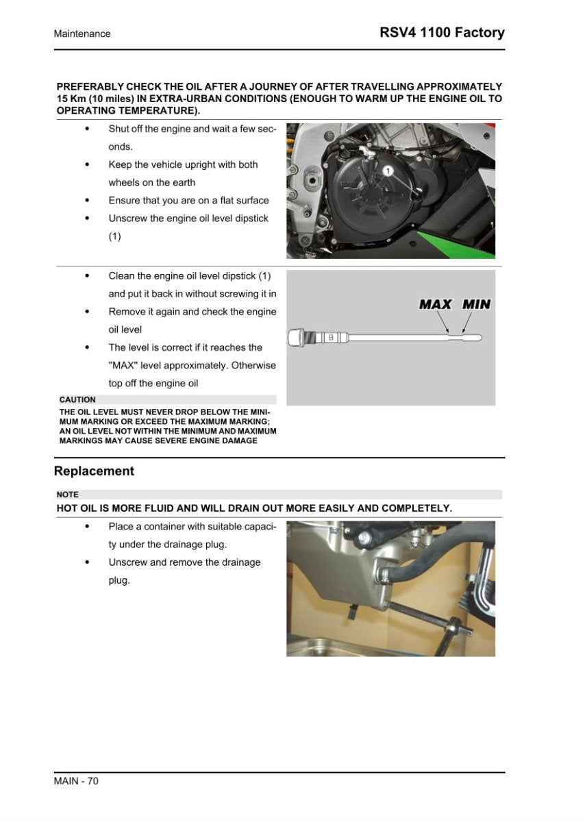 Maintenance instructions for a motorcycle engine with text and images on a white background