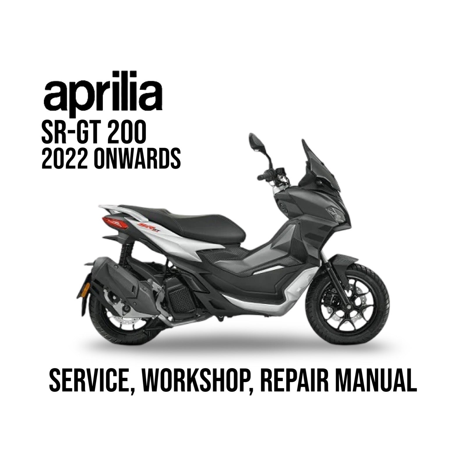 Scooter with 'aprilia SR-GT 200 2022 ONWARDS' text on a white background