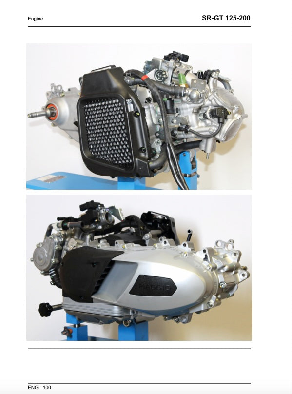 Two views of a motorcycle engine labeled SR-GT 125-200 on a white background.