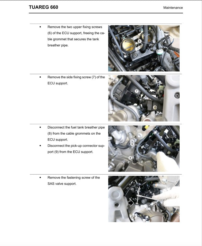 Maintenance instructions for a TUAREG 660 vehicle, showing step-by-step procedures with close-up images of the engine.