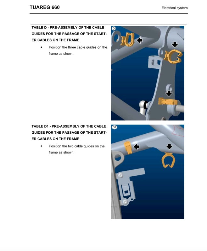 Technical diagram with text and illustrations of cable guides for a vehicle electrical system.