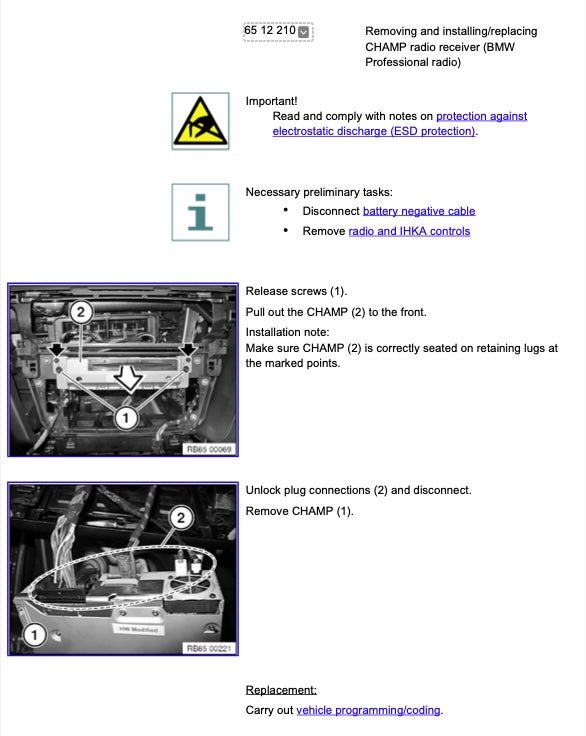 Technical manual page for removing and installing a CHAMP radio receiver with step-by-step instructions and diagrams.