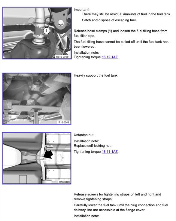 Technical instructions for fuel tank release and replacement with diagrams and text on a white background.