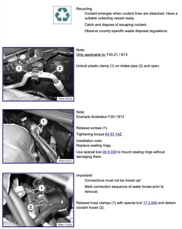 Technical manual page with instructions on coolant system maintenance, featuring text and images of a car's engine bay.