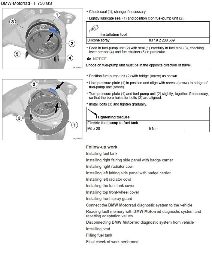 Technical diagram and instructions for BMW Motorrad F 750 GS fuel pump installation.