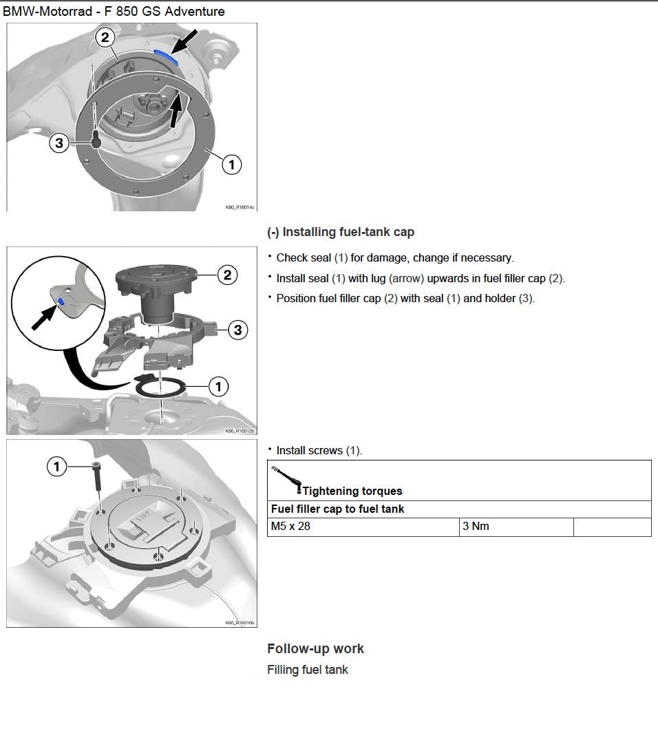 Technical diagram for installing a fuel tank cap on BMW Motorrad F 850 GS Adventure.
