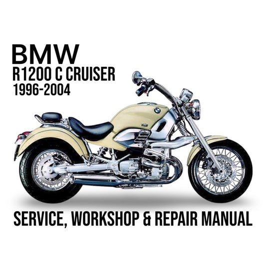 BMW R1200 C Cruiser motorcycle with text about a service, workshop, and repair manual on a white background