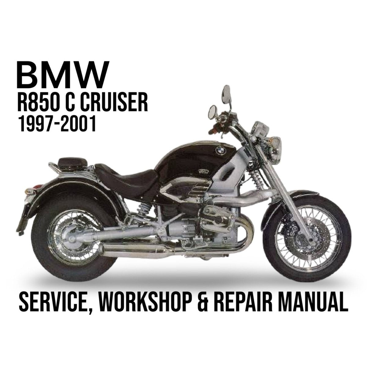 BMW R850 C Cruiser motorcycle with text about a service, workshop, and repair manual on a white background