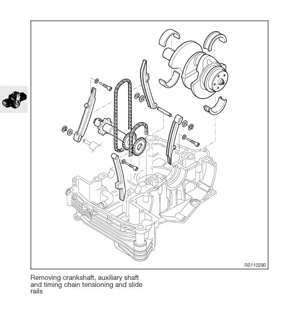 Technical diagram of engine components with text indicating steps for removing parts.