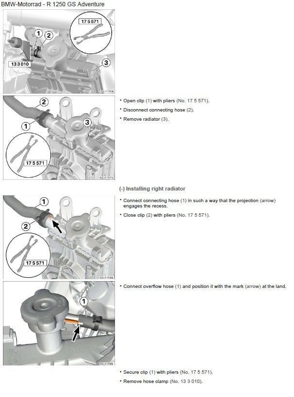 Technical diagram for BMW Motorrad R 1250 GS Adventure showing radiator installation steps.