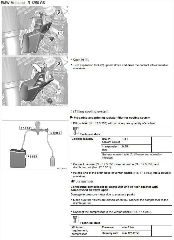 Technical manual page for BMW Motorrad R 1250 GS with diagrams and text.