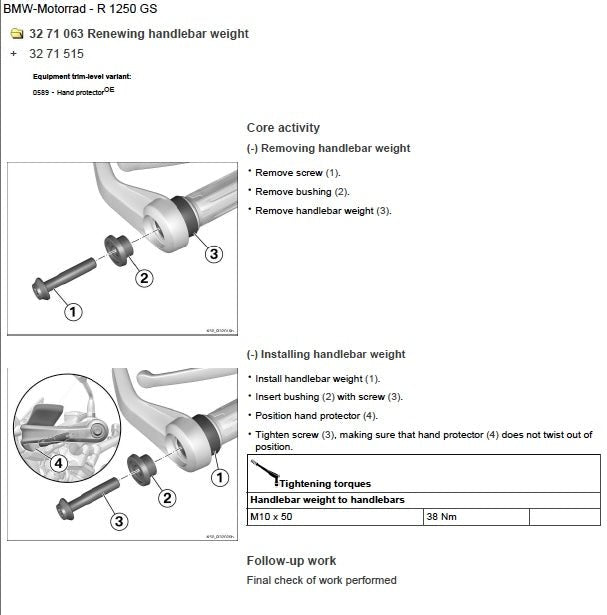 Technical diagram for renewing handlebar weight on BMW Motorrad R1250GS.