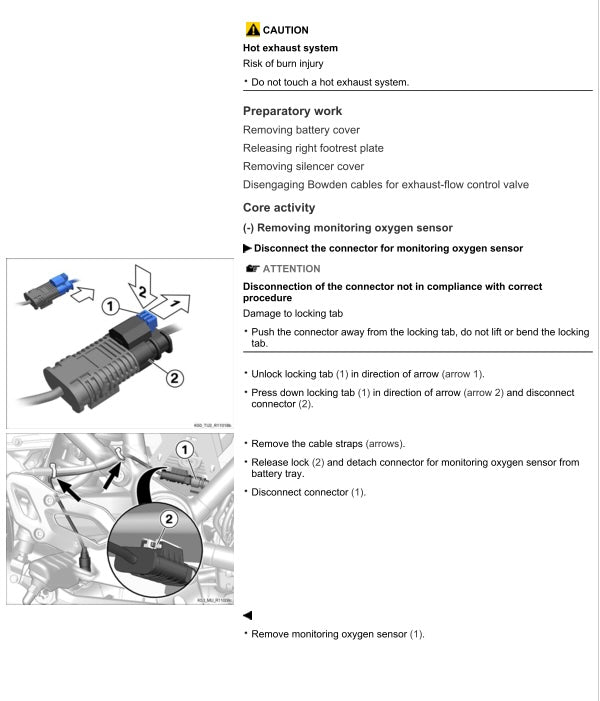 Technical diagram and instructions for removing a monitoring oxygen sensor from a vehicle, with cautionary text and illustrations.