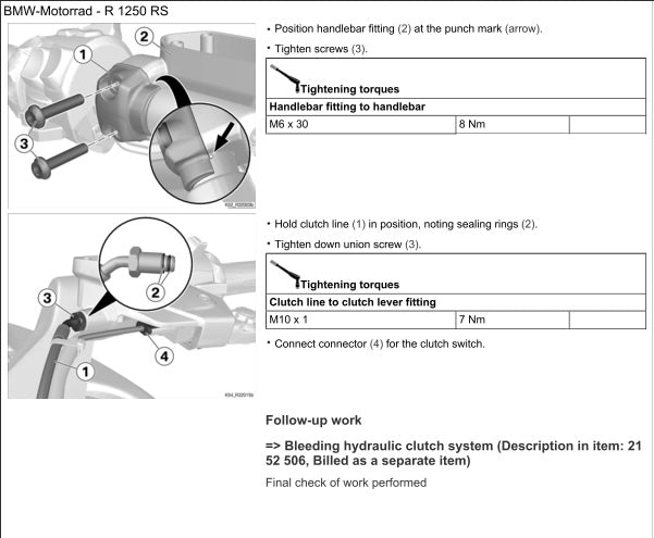 Technical diagram and instructions for BMW Motorrad R 1250 RS handlebar and clutch line assembly.