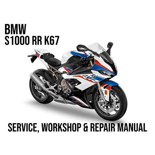 BMW S1000 RR K67 motorcycle on a white background with text about service, workshop, and repair manual.