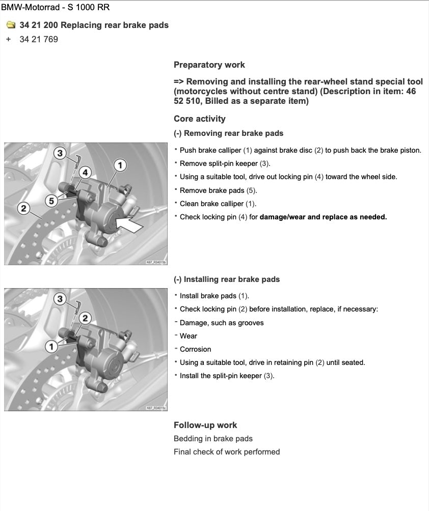 Technical diagram for replacing rear brake pads on a BMW Motorrad S 1000 RR motorcycle.