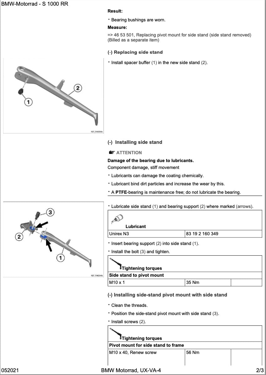 Technical diagram and instructions for replacing a side stand on a BMW Motorrad S 1000 RR motorcycle.