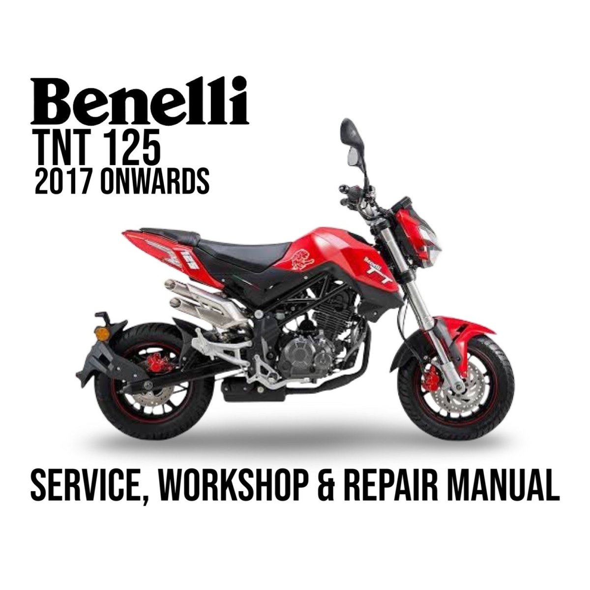 Red and black Benelli TNT 125 motorcycle on a white background with text about a service, workshop, and repair manual.