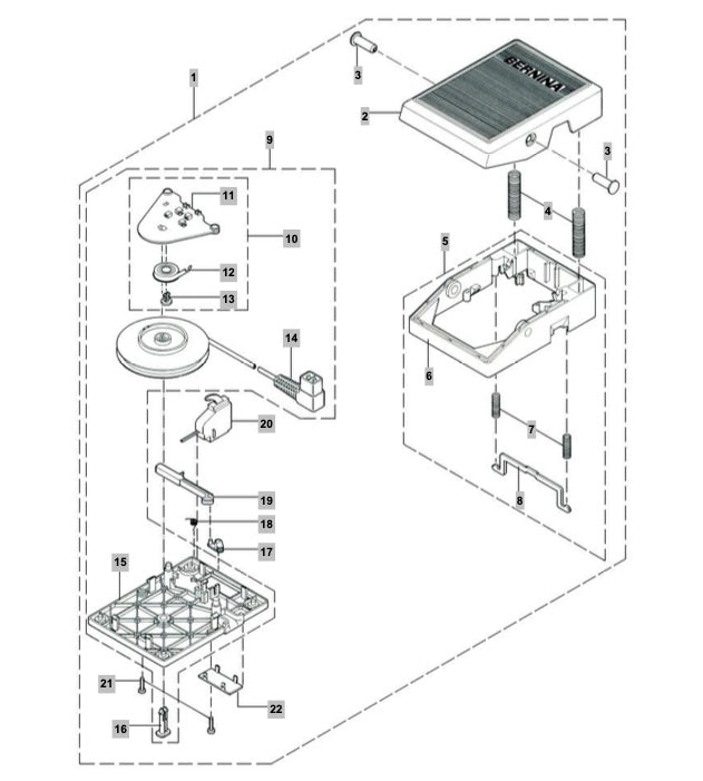 Technical diagram of a sewing machine assembly with labeled parts.