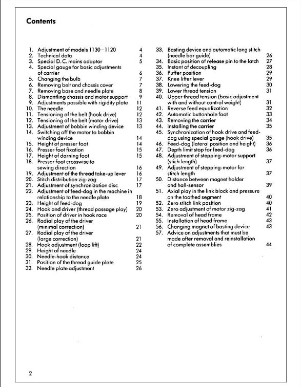Table of contents page from a technical manual on a white background