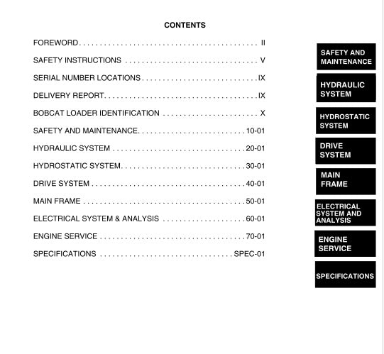 Table of contents for a technical manual with section headings and page numbers.