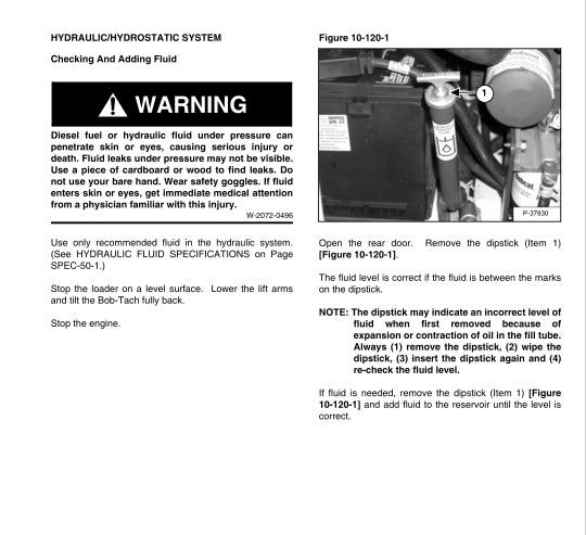 Technical manual page on hydraulic and hydrostatic system fluid checking and adding with a warning label.