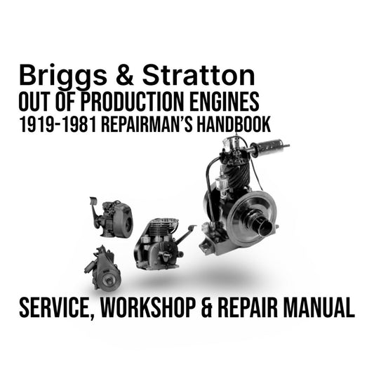 Cover of 'Briggs & Stratton Out of Production Engines 1919-1981 Repairman's Handbook' with engine illustrations on a white background.