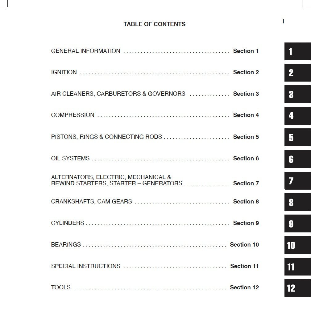 Table of contents for a technical manual on a white background