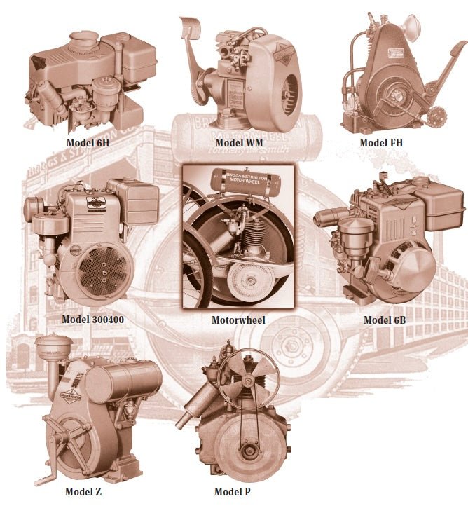 Illustrations of various mechanical components and motors on a white background