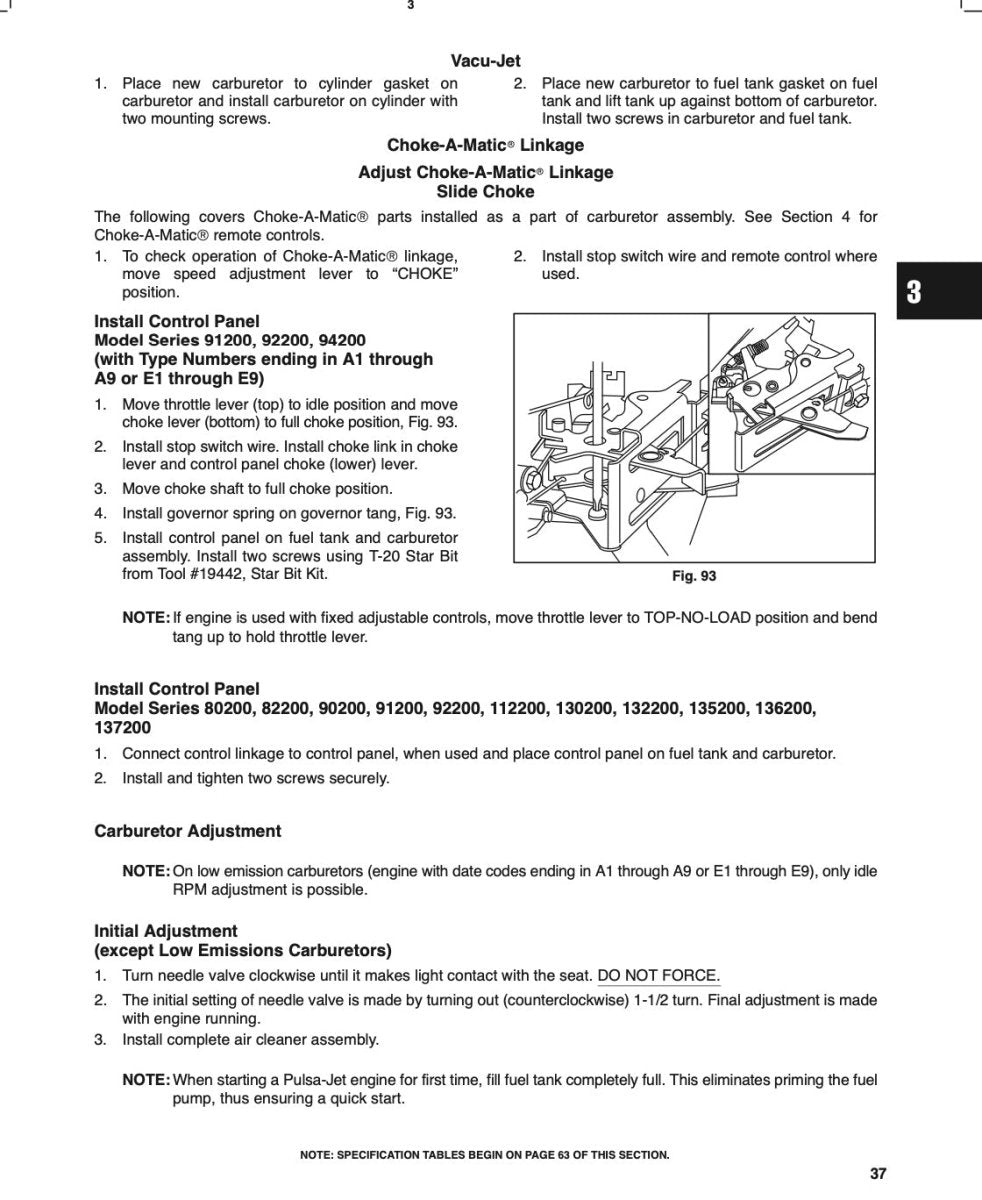 Technical manual page with text and diagram on engine installation and control panel setup.
