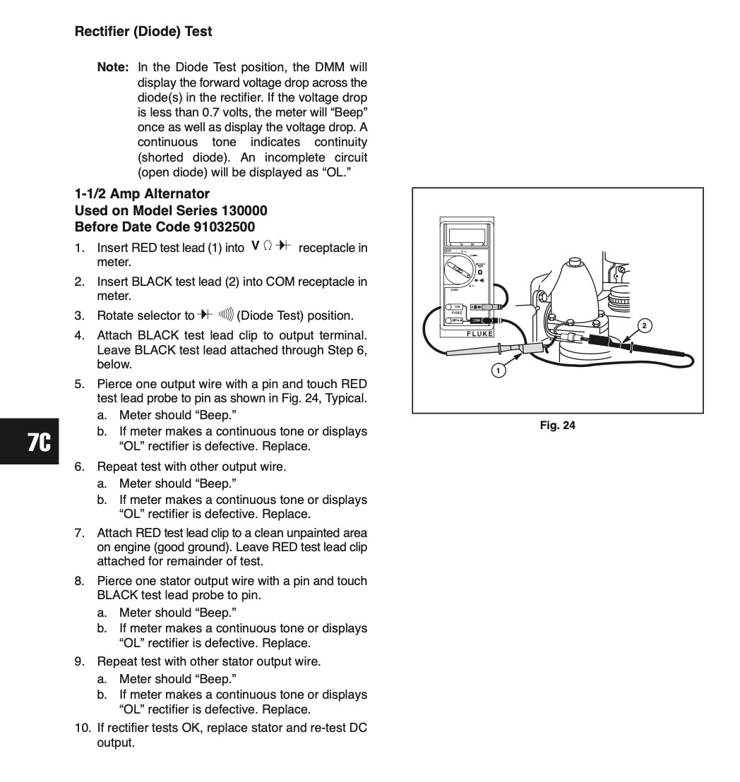Technical manual page with text and diagram on rectifier diode test procedure.