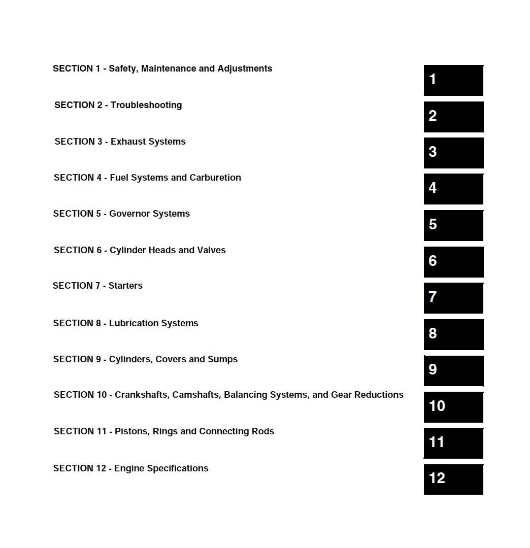 Table of contents for a technical manual on engine systems with section titles and page numbers.