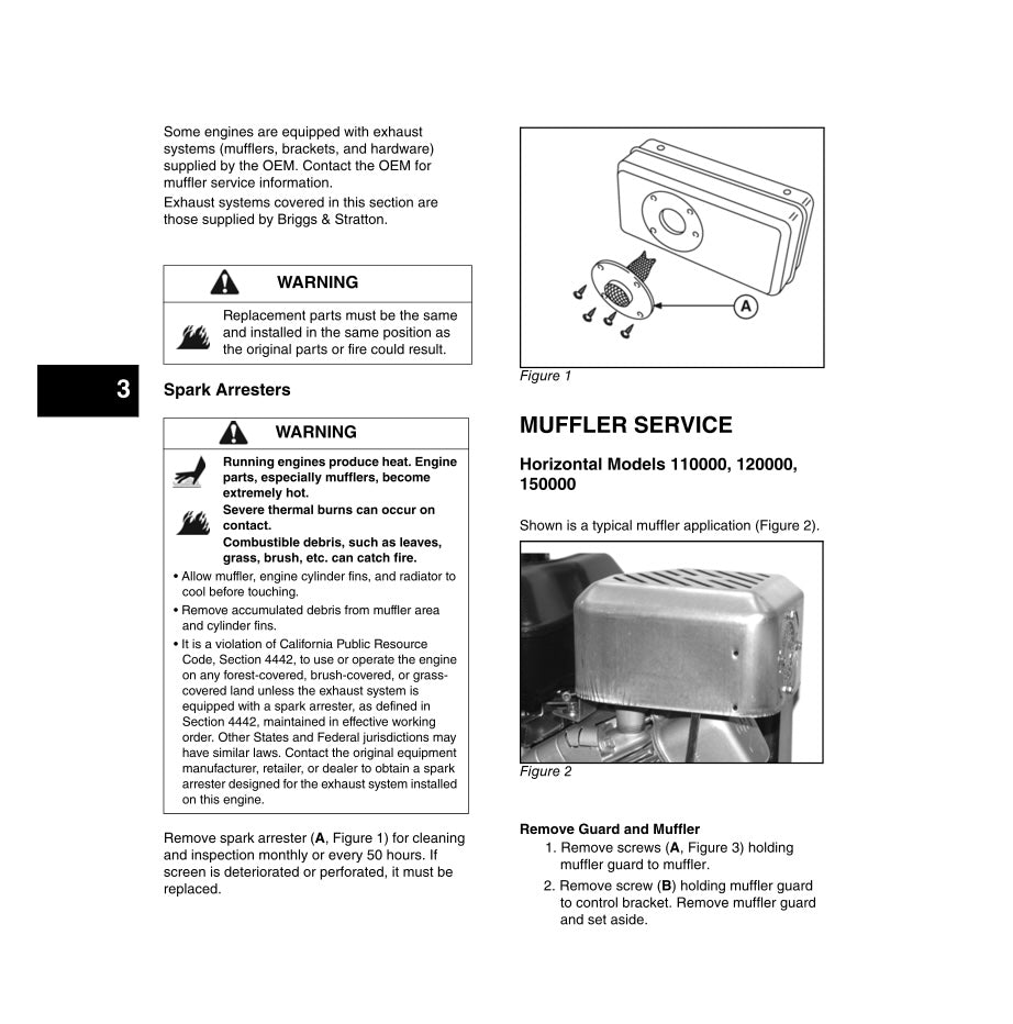 Technical manual page on muffler service with text and diagrams