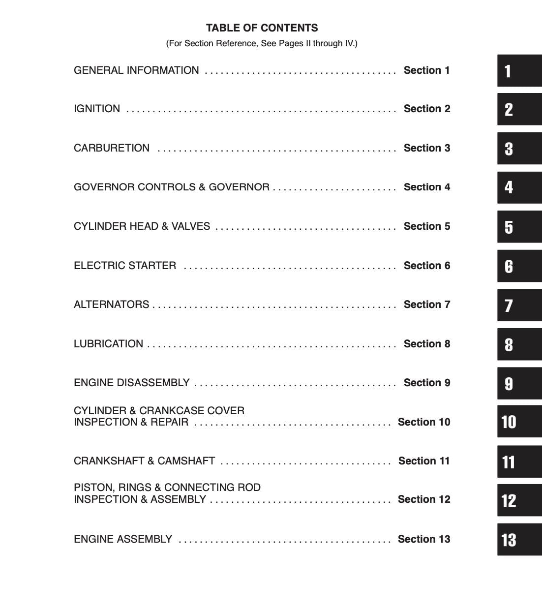 Table of contents for a technical manual on engine components with section numbers.