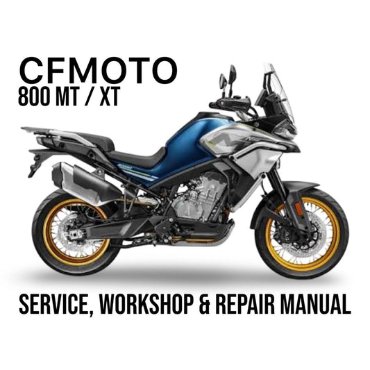 CFMOTO 800 MT/XT motorcycle on a white background with text about service, workshop, and repair manual.
