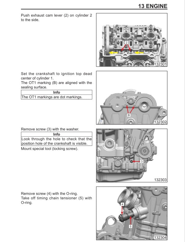 Technical diagram of an engine with labeled parts and text instructions on a white background.