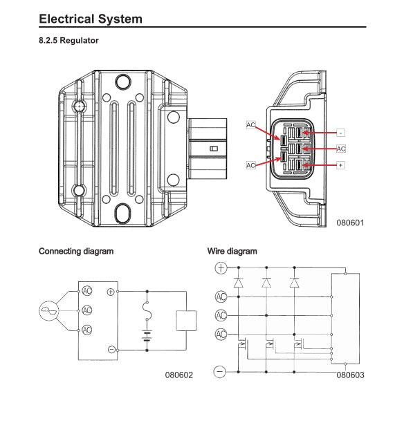 Technical diagram of an electrical system regulator with connecting and wire diagrams.