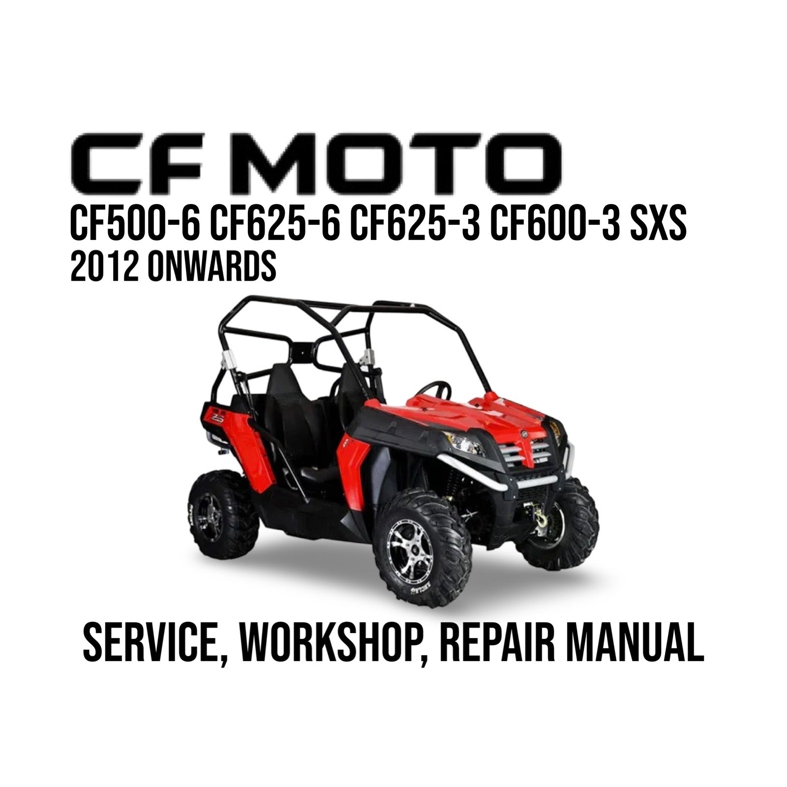 Red CF Moto off-road vehicle with model specifications on a white background